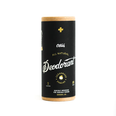 Cedarwood and Orange Scented All Natural Deodorant black packaging white backdrop