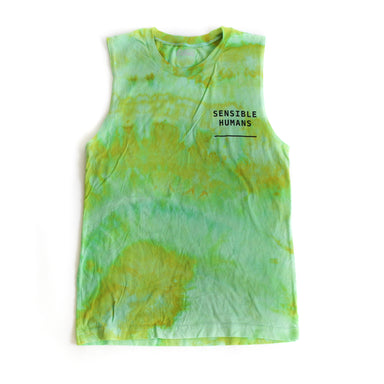 Green and blue Tie Dye Sensible Humans  Muscle Tank white background