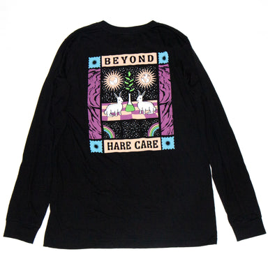 Black longsleeve shirt with blue and purple "Beyond Hare Care" illustration featuring two hares 