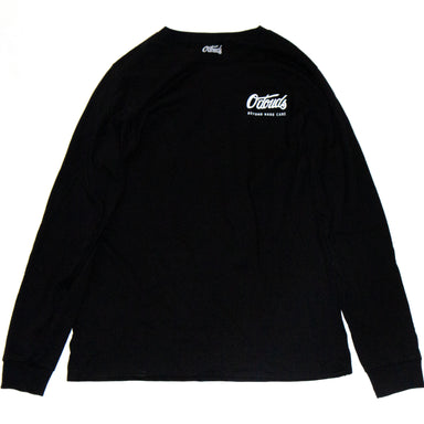 Black longsleeve tee featuring O'douds logo in right hand corner on white backdrop