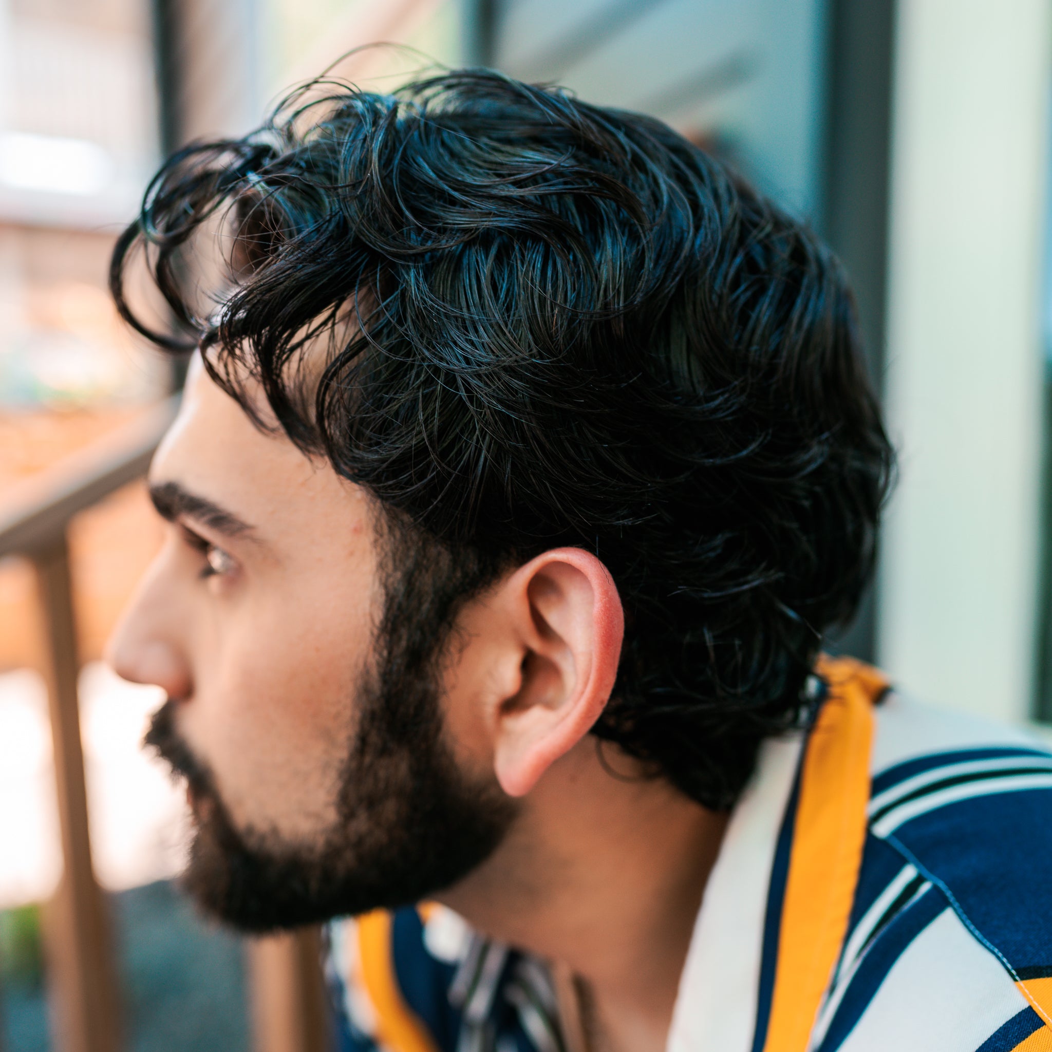 Profile headshot young man dark wavy styled  hair and full beard